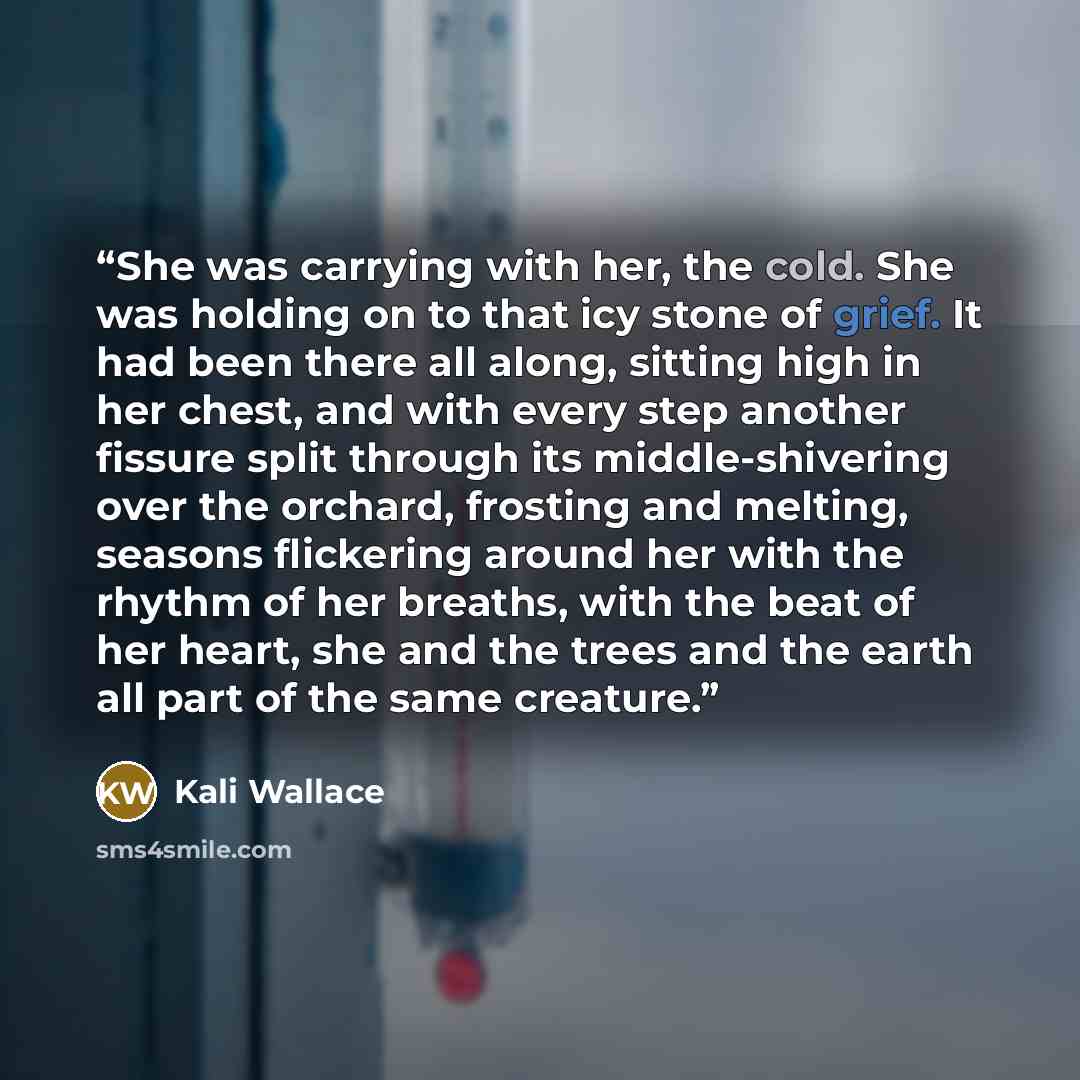 “She was carrying with her, the cold. She was holding on to that icy stone of grief. It had been there all along, sitting high in her chest, and with every step another fissure split through its middle-shivering over the orchard, frosting and melting, seasons flickering around her with the rhythm…” quote by Kali Wallace