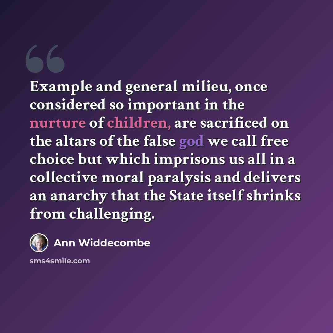 “Example and general milieu, once considered so important in the nurture of children, are sacrificed on the altars of the false god we call free choice but which imprisons us all in a collective moral paralysis and delivers an anarchy that the State itself shrinks from challenging.” quote by Ann Widdecombe