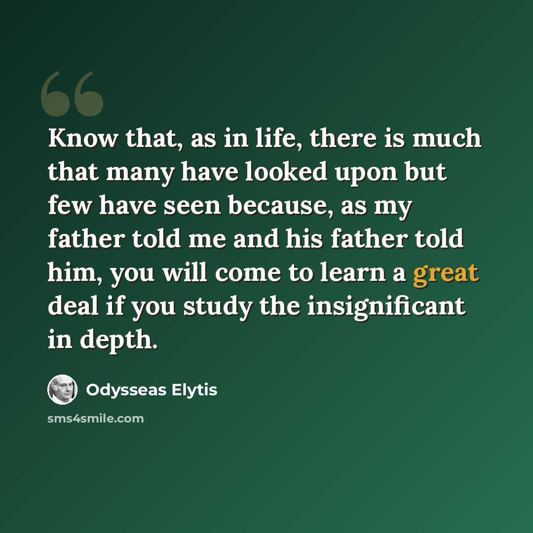 “Know that, as in life, there is much that many have looked upon but few have seen because, as my father told me and his father told him, you will come to learn a great deal if you study the insignificant in depth.” quote by Odysseas Elytis