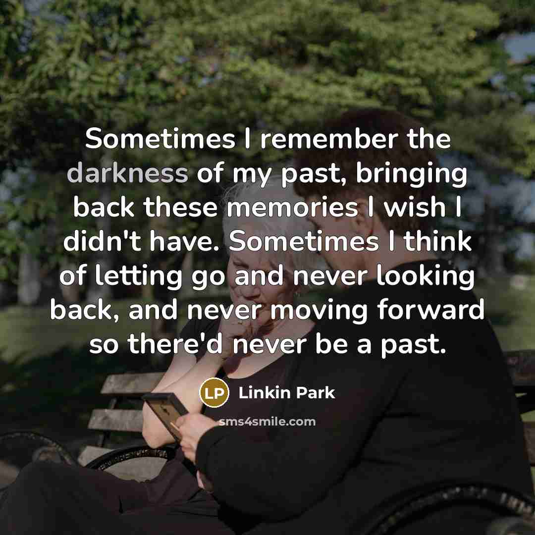 “Sometimes I remember the darkness of my past, bringing back these memories I wish I didn't have. Sometimes I think of letting go and never looking back, and never moving forward so there'd never be a past.” quote by Linkin Park