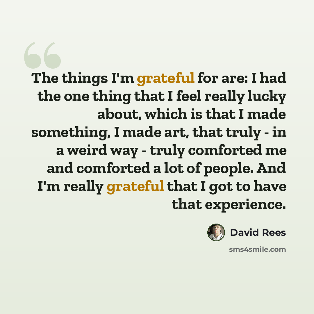 “The things I'm grateful for are: I had the one thing that I feel really lucky about, which is that I made something, I made art, that truly - in a weird way - truly comforted me and comforted a lot of people. And I'm really grateful that I got to have that experience.” quote by David Rees