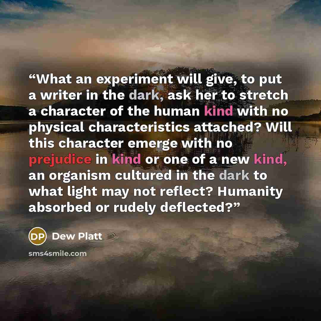 “What an experiment will give, to put a writer in the dark, ask her to stretch a character of the human kind with no physical characteristics attached? Will this character emerge with no prejudice in kind or one of a new kind, an organism cultured in the dark to what light may not reflect? Humanity…” quote by Dew Platt