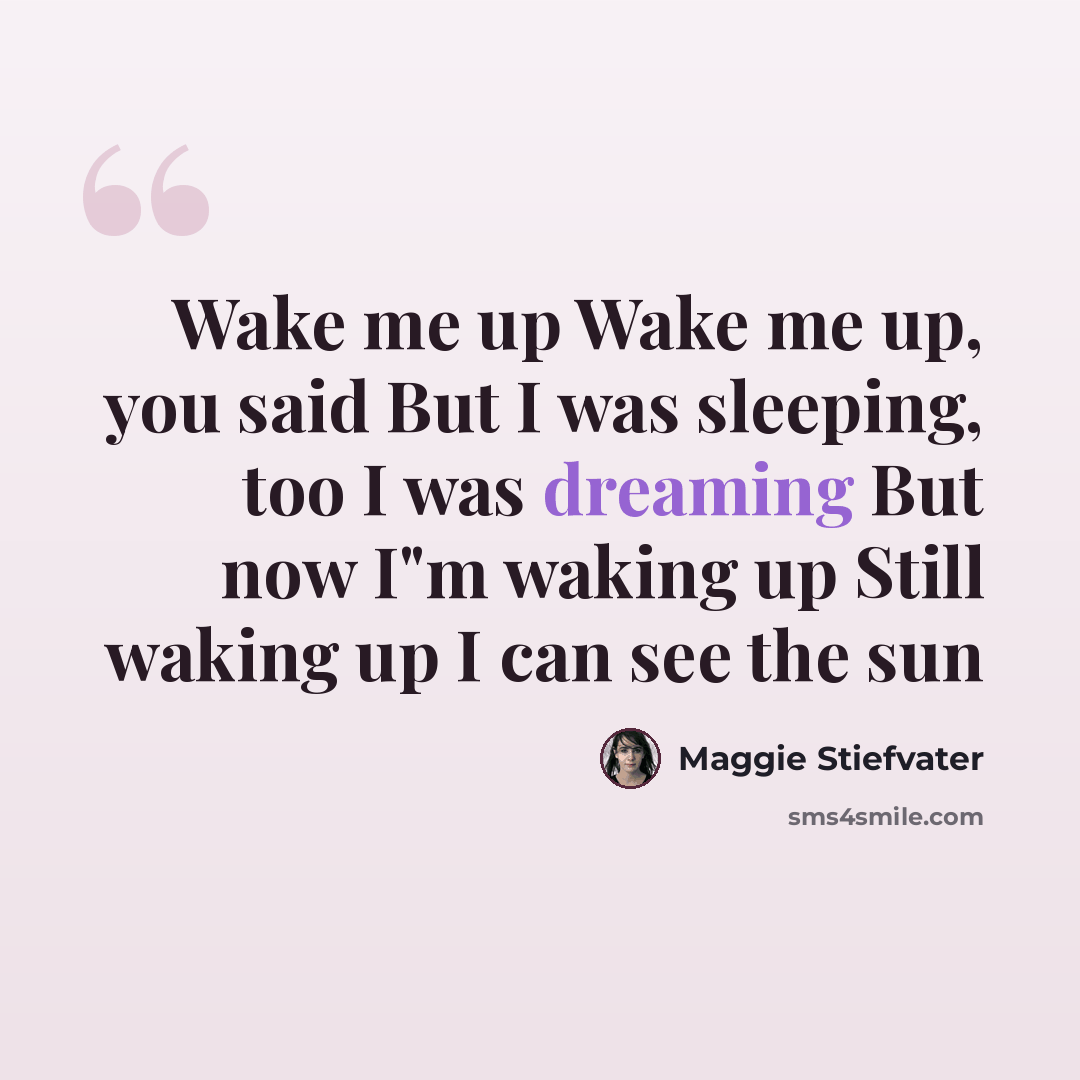 “Wake me up Wake me up, you said But I was sleeping, too I was dreaming But now I"m waking up Still waking up I can see the sun” quote by Maggie Stiefvater