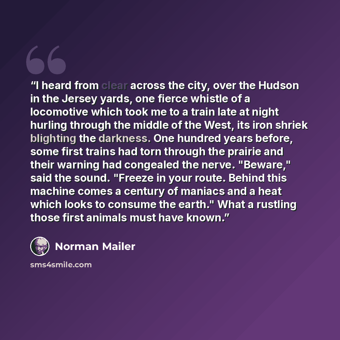 “I heard from clear across the city, over the Hudson in the Jersey yards, one fierce whistle of a locomotive which took me to a train late at night hurling through the middle of the West, its iron shriek blighting the darkness. One hundred years before, some first trains had torn through the…” quote by Norman Mailer