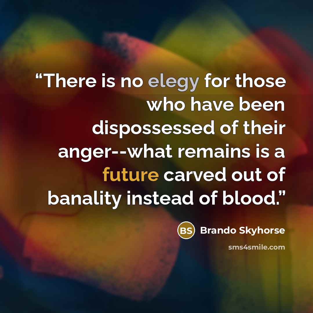 “There is no elegy for those who have been dispossessed of their anger--what remains is a future carved out of banality instead of blood.” quote by Brando Skyhorse