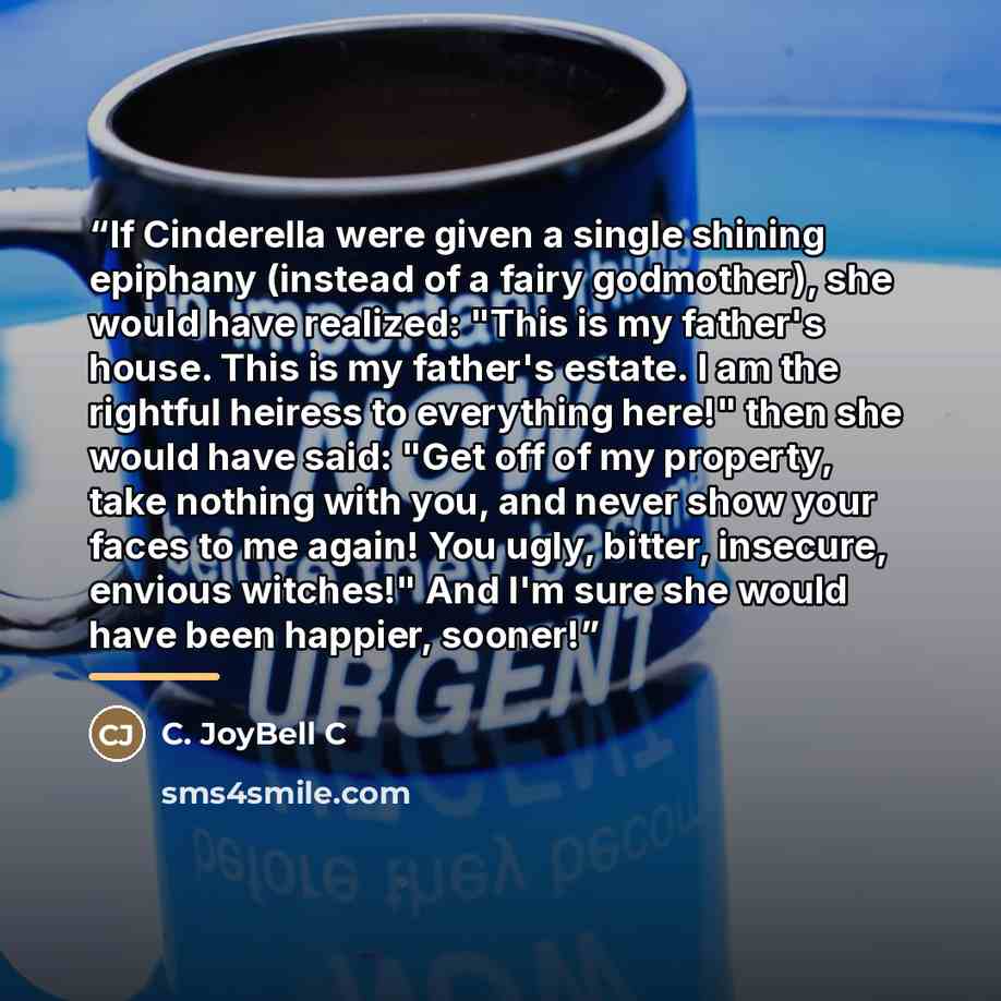 “If Cinderella were given a single shining epiphany (instead of a fairy godmother), she would have realized: "This is my father's house. This is my father's estate. I am the rightful heiress to everything here!" then she would have said: "Get off of my property, take nothing with you, and never…” quote by C. JoyBell C