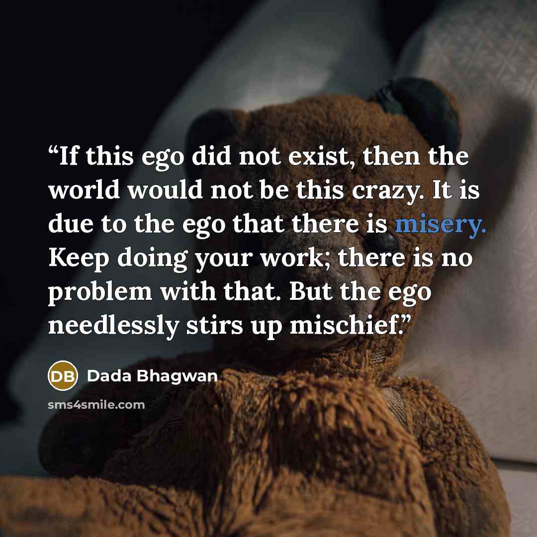“If this ego did not exist, then the world would not be this crazy. It is due to the ego that there is misery. Keep doing your work; there is no problem with that. But the ego needlessly stirs up mischief.” quote by Dada Bhagwan