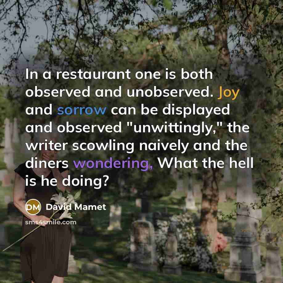 “In a restaurant one is both observed and unobserved. Joy and sorrow can be displayed and observed "unwittingly," the writer scowling naively and the diners wondering, What the hell is he doing?” quote by David Mamet