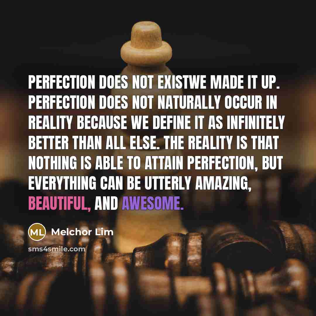 “Perfection does not existwe made it up. Perfection does not naturally occur in reality because we define it as infinitely better than all else. The reality is that nothing is able to attain perfection, but everything can be utterly amazing, beautiful, and awesome.” quote by Melchor Lim
