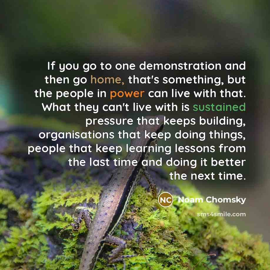 “If you go to one demonstration and then go home, that's something, but the people in power can live with that. What they can't live with is sustained pressure that keeps building, organisations that keep doing things, people that keep learning lessons from the last time and doing it better the…” quote by Noam Chomsky