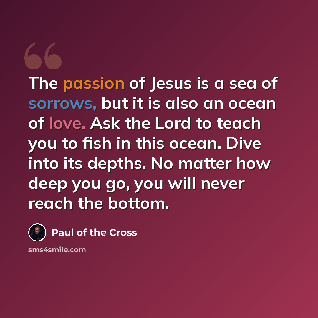 “The passion of Jesus is a sea of sorrows, but it is also an ocean of love. Ask the Lord to teach you to fish in this ocean. Dive into its depths. No matter how deep you go, you will never reach the bottom.” quote by Paul of the Cross