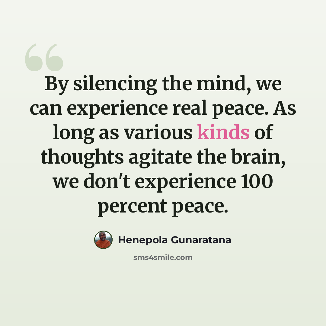 “By silencing the mind, we can experience real peace. As long as various kinds of thoughts agitate the brain, we don't experience 100 percent peace.” quote by Henepola Gunaratana