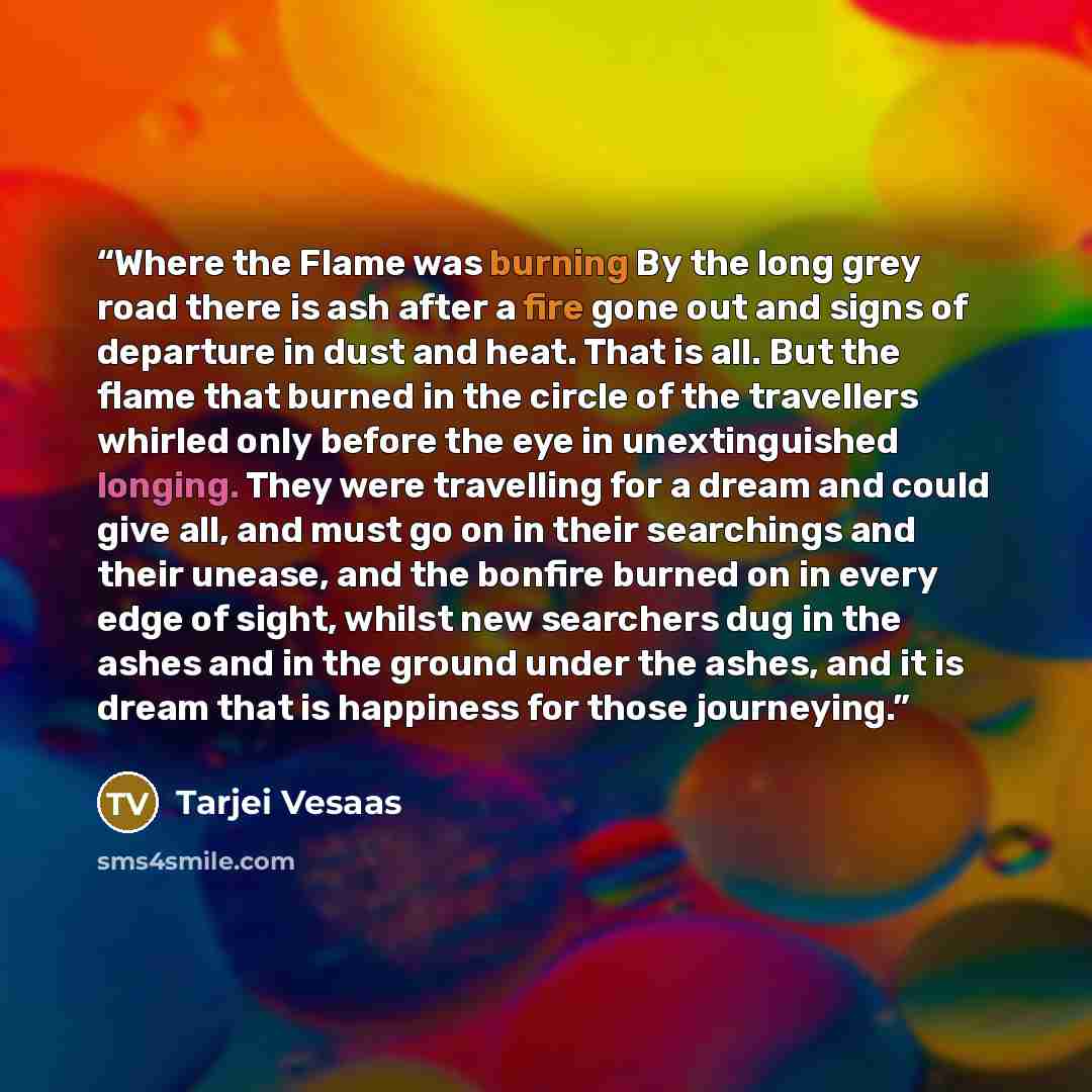 “Where the Flame was burning By the long grey road there is ash after a fire gone out and signs of departure in dust and heat. That is all. But the flame that burned in the circle of the travellers whirled only before the eye in unextinguished longing. They were travelling for a dream and could…” quote by Tarjei Vesaas