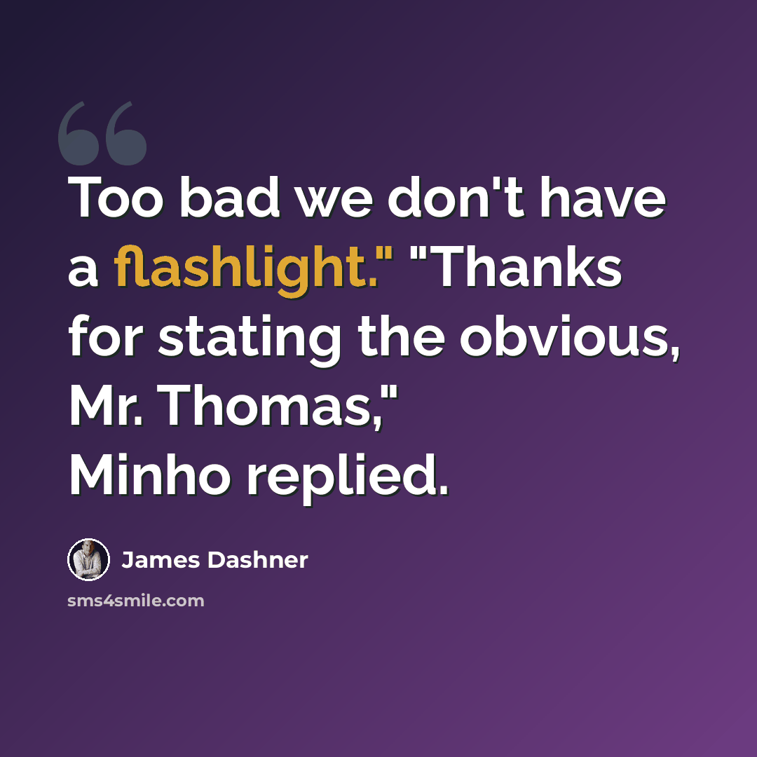 “Too bad we don't have a flashlight." "Thanks for stating the obvious, Mr. Thomas," Minho replied.” quote by James Dashner