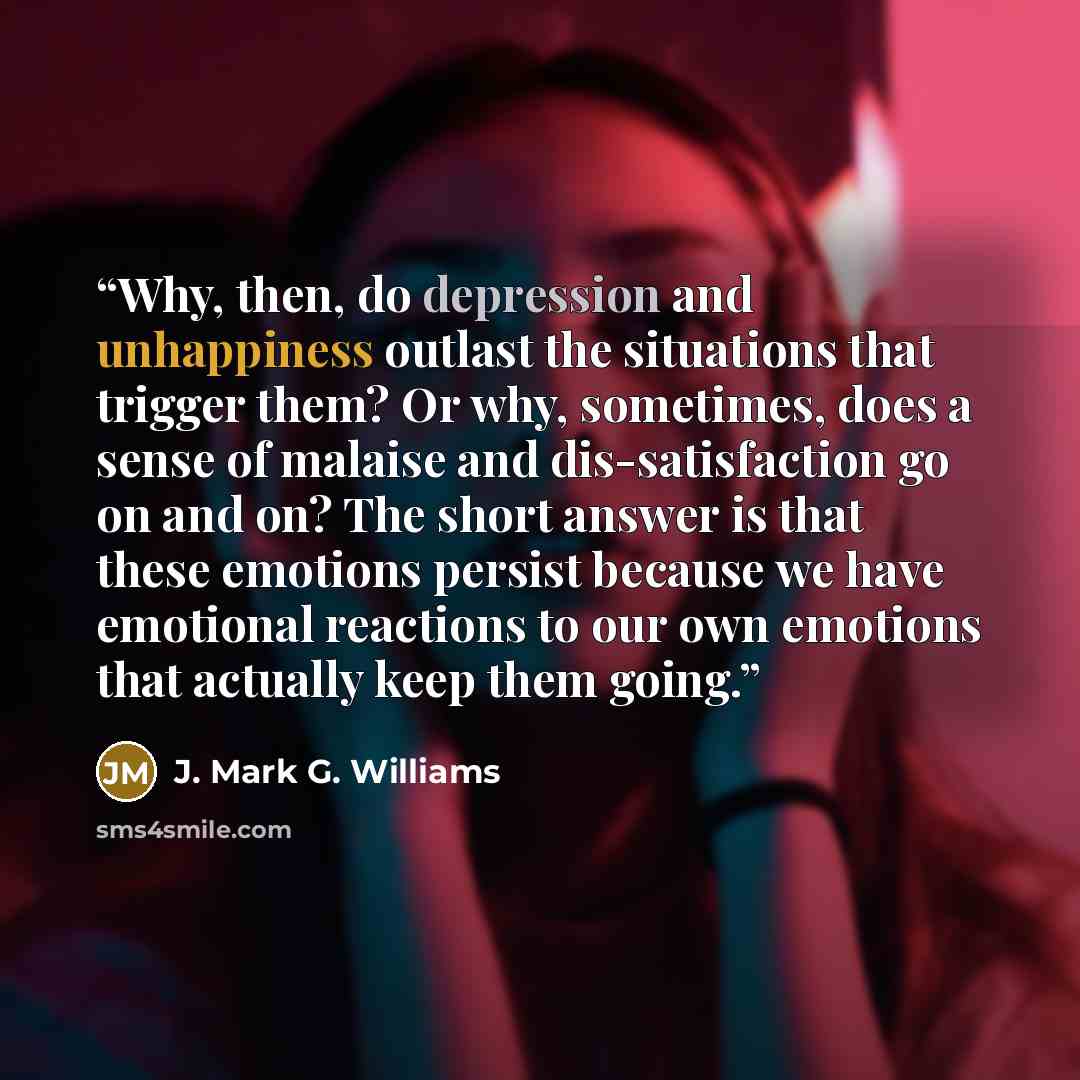 “Why, then, do depression and unhappiness outlast the situations that trigger them? Or why, sometimes, does a sense of malaise and dis-­satisfaction go on and on? The short answer is that these emotions per­sist because we have emotional reactions to our own emotions that ac­tually keep them going.” quote by J. Mark G. Williams