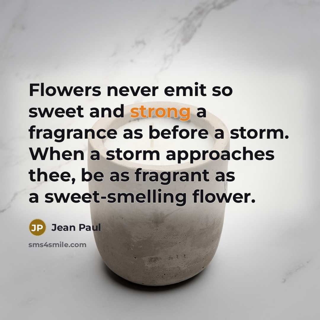 “Flowers never emit so sweet and strong a fragrance as before a storm. When a storm approaches thee, be as fragrant as a sweet-smelling flower.” quote by Jean Paul