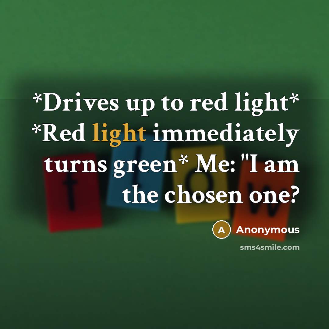 “*Drives up to red light* *Red light immediately turns green* Me: "I am the chosen one?” quote by Anonymous