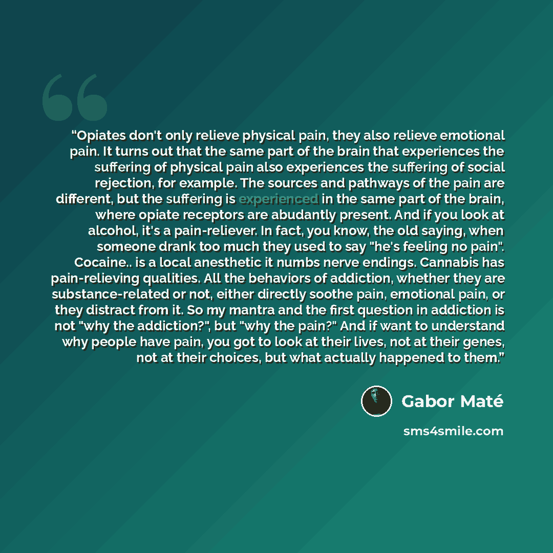 “Opiates don't only relieve physical pain, they also relieve emotional pain. It turns out that the same part of the brain that experiences the suffering of physical pain also experiences the suffering of social rejection, for example. The sources and pathways of the pain are different, but the…” quote by Gabor Maté