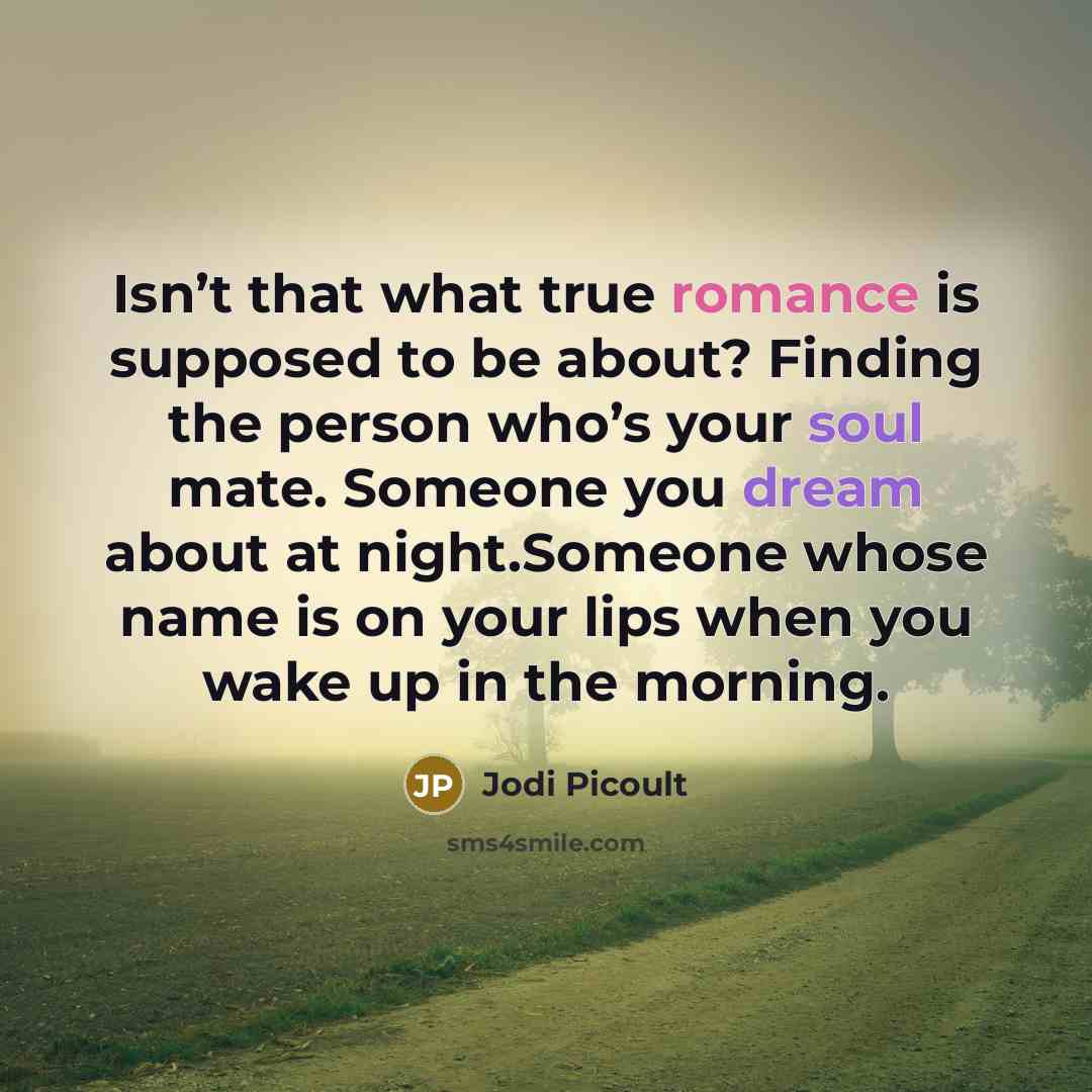 “Isn’t that what true romance is supposed to be about? Finding the person who’s your soul mate. Someone you dream about at night.Someone whose name is on your lips when you wake up in the morning.” quote by Jodi Picoult