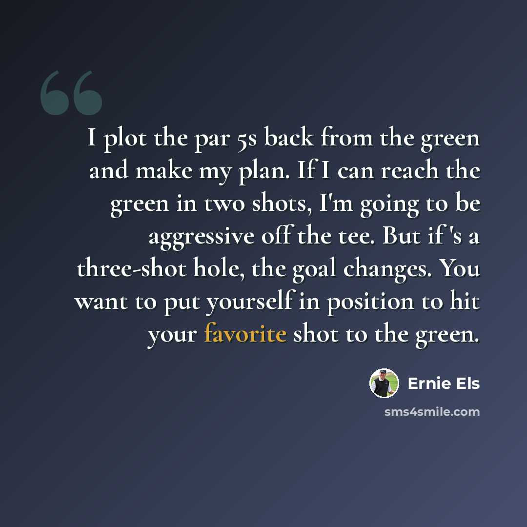 “I plot the par 5s back from the green and make my plan. If I can reach the green in two shots, I'm going to be aggressive off the tee. But if 's a three-shot hole, the goal changes. You want to put yourself in position to hit your favorite shot to the green.” quote by Ernie Els