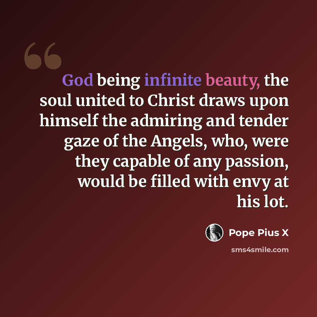 “God being infinite beauty, the soul united to Christ draws upon himself the admiring and tender gaze of the Angels, who, were they capable of any passion, would be filled with envy at his lot.” quote by Pope Pius X