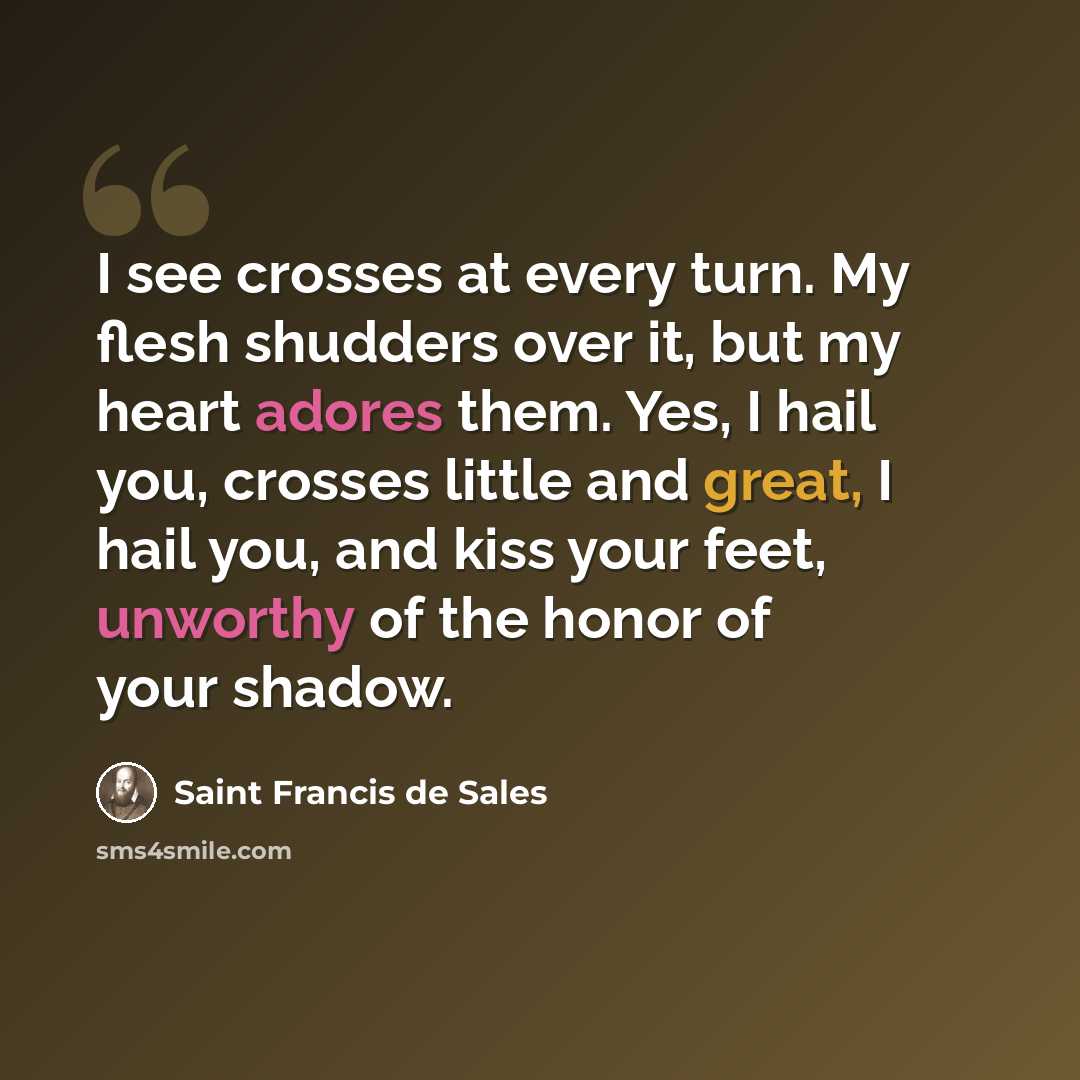 “I see crosses at every turn. My flesh shudders over it, but my heart adores them. Yes, I hail you, crosses little and great, I hail you, and kiss your feet, unworthy of the honor of your shadow.” quote by Saint Francis de Sales