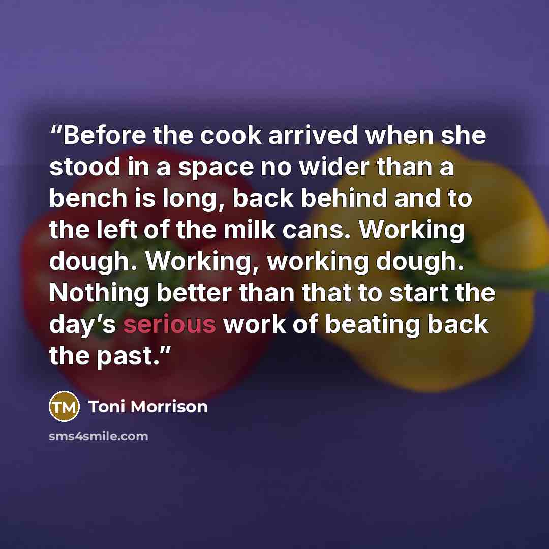 “Before the cook arrived when she stood in a space no wider than a bench is long, back behind and to the left of the milk cans. Working dough. Working, working dough. Nothing better than that to start the day’s serious work of beating back the past.” quote by Toni Morrison