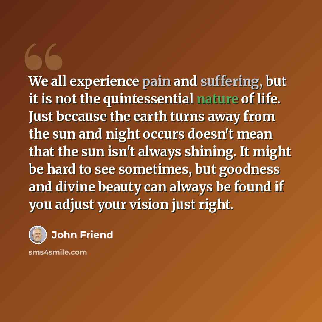 “We all experience pain and suffering, but it is not the quintessential nature of life. Just because the earth turns away from the sun and night occurs doesn't mean that the sun isn't always shining. It might be hard to see sometimes, but goodness and divine beauty can always be found if you adjust…” quote by John Friend