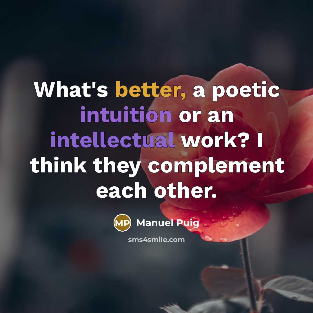 “What's better, a poetic intuition or an intellectual work? I think they complement each other.” quote by Manuel Puig