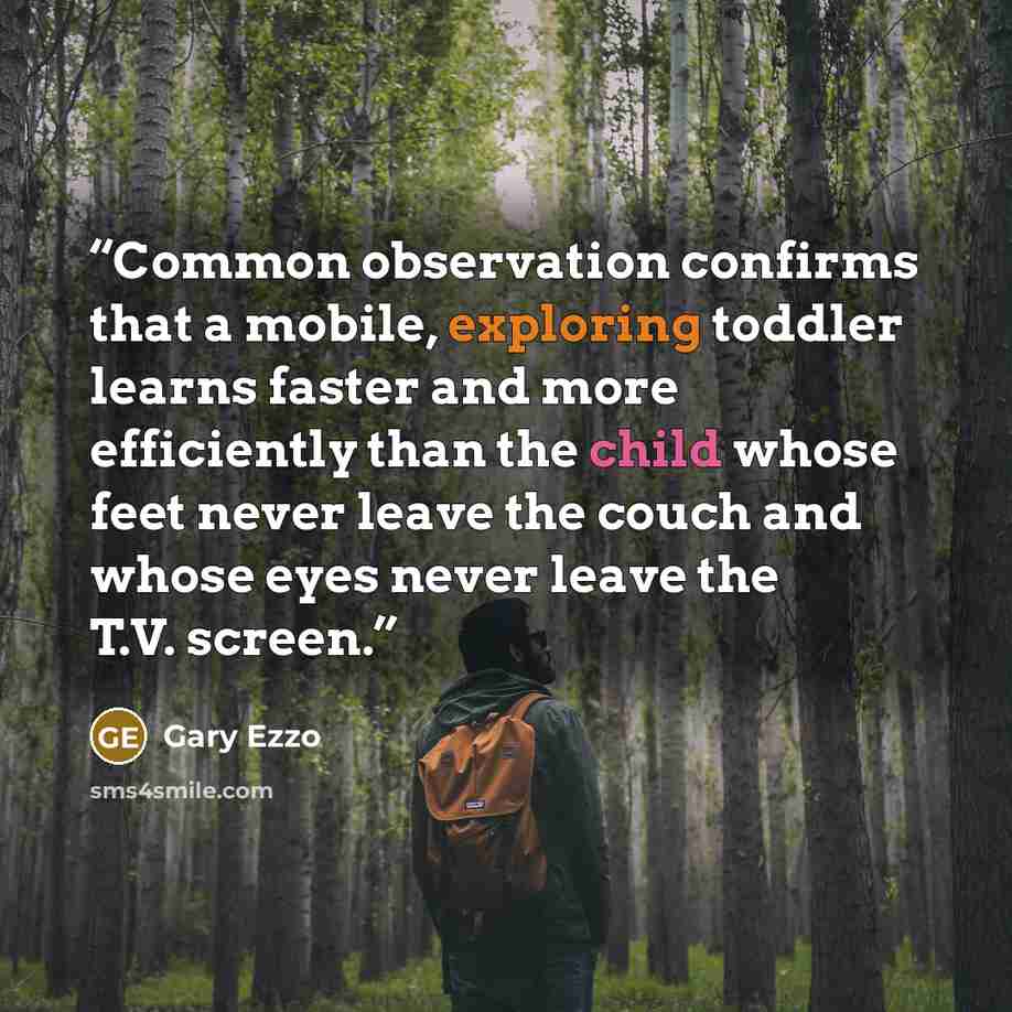 “Common observation confirms that a mobile, exploring toddler learns faster and more efficiently than the child whose feet never leave the couch and whose eyes never leave the T.V. screen.” quote by Gary Ezzo