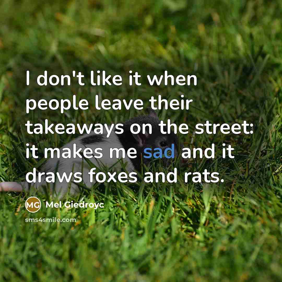 “I don't like it when people leave their takeaways on the street: it makes me sad and it draws foxes and rats.” quote by Mel Giedroyc
