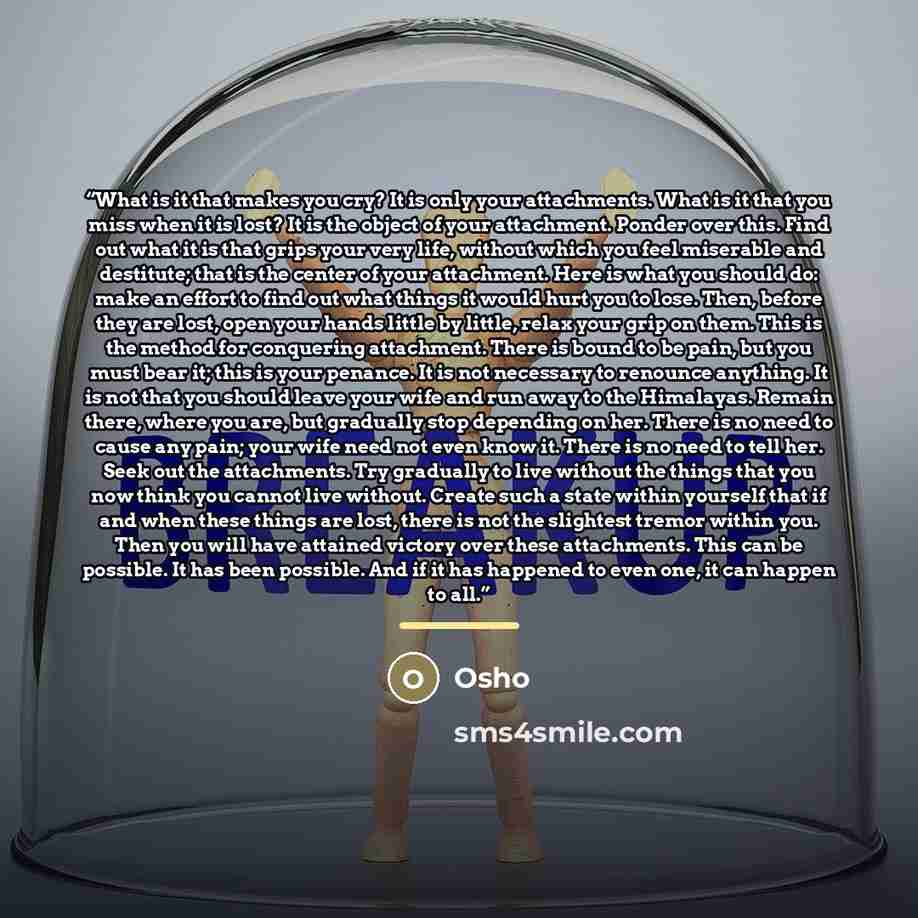 “What is it that makes you cry? It is only your attachments. What is it that you miss when it is lost? It is the object of your attachment. Ponder over this. Find out what it is that grips your very life, without which you feel miserable and destitute; that is the center of your attachment. Here is…” quote by Osho