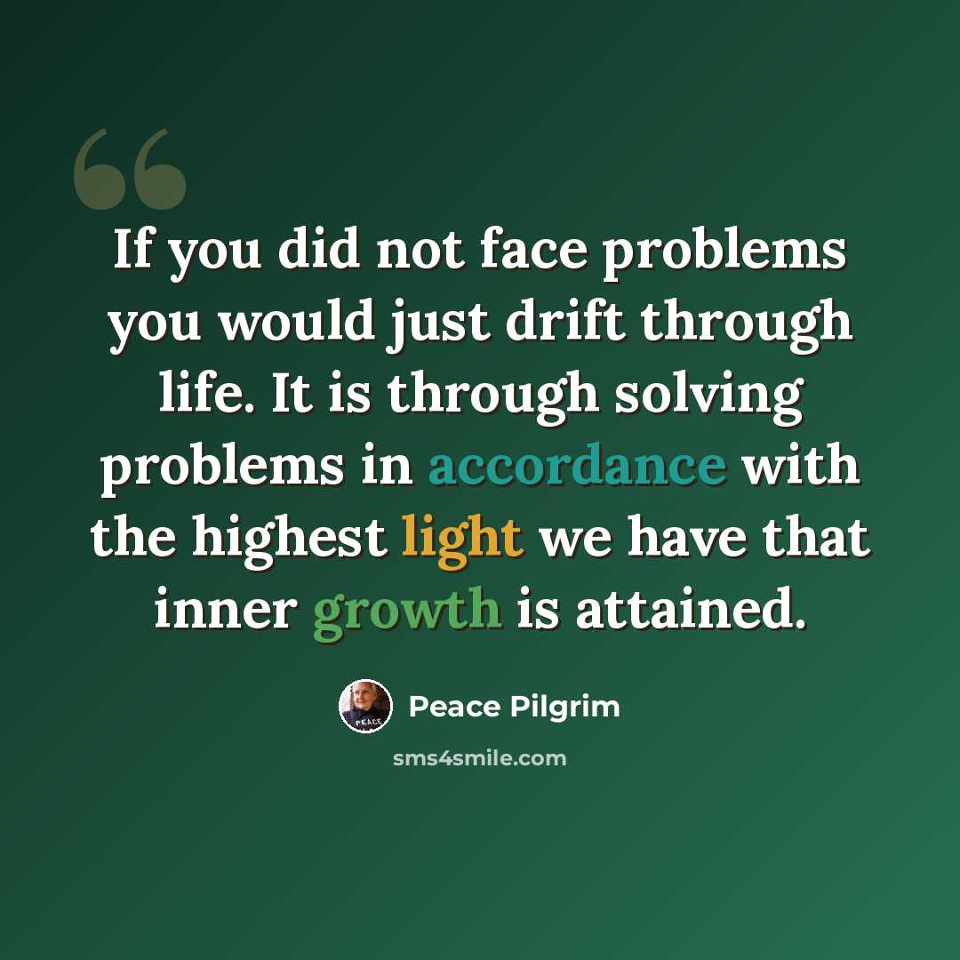 “If you did not face problems you would just drift through life. It is through solving problems in accordance with the highest light we have that inner growth is attained.” quote by Peace Pilgrim