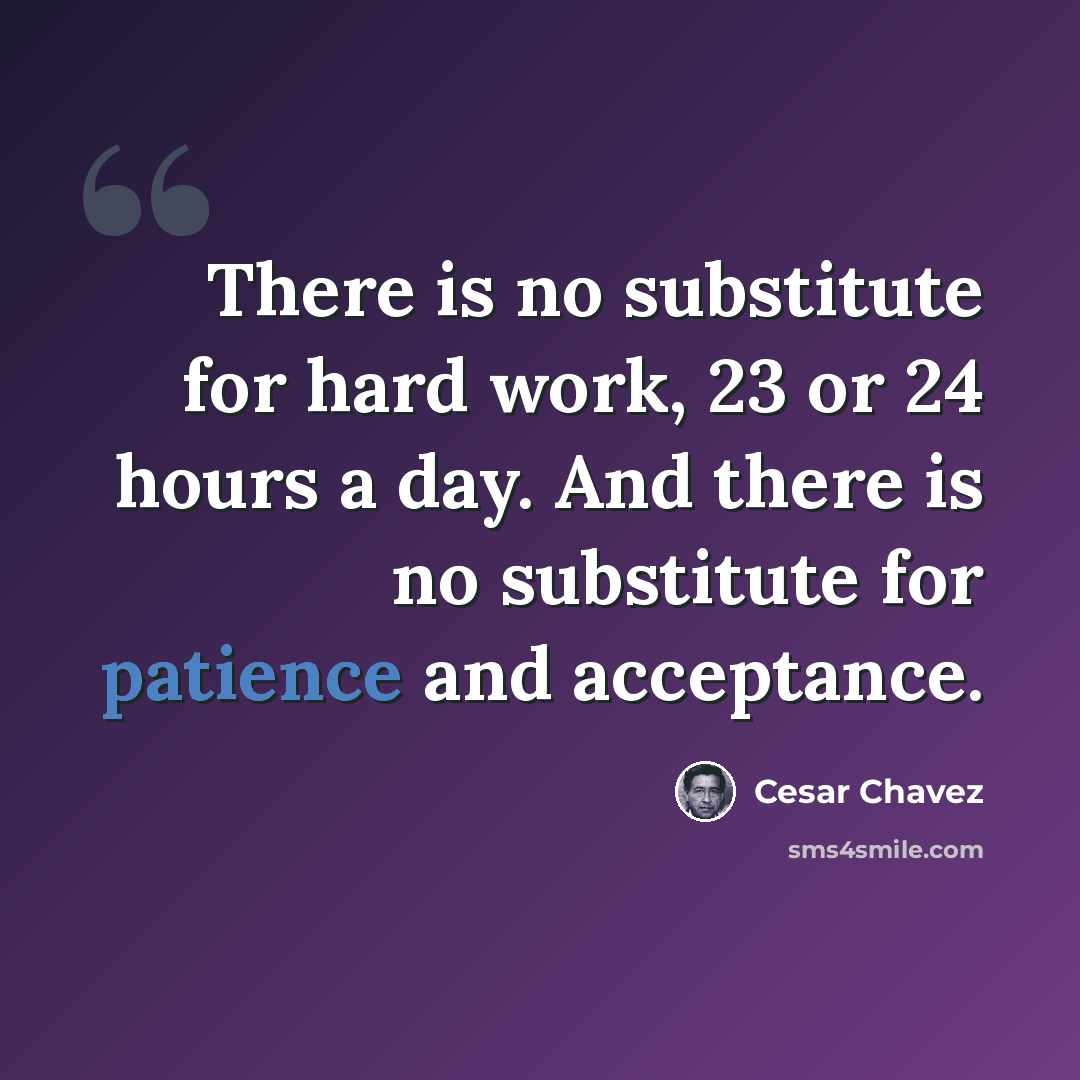 “There is no substitute for hard work, 23 or 24 hours a day. And there is no substitute for patience and acceptance.” quote by Cesar Chavez