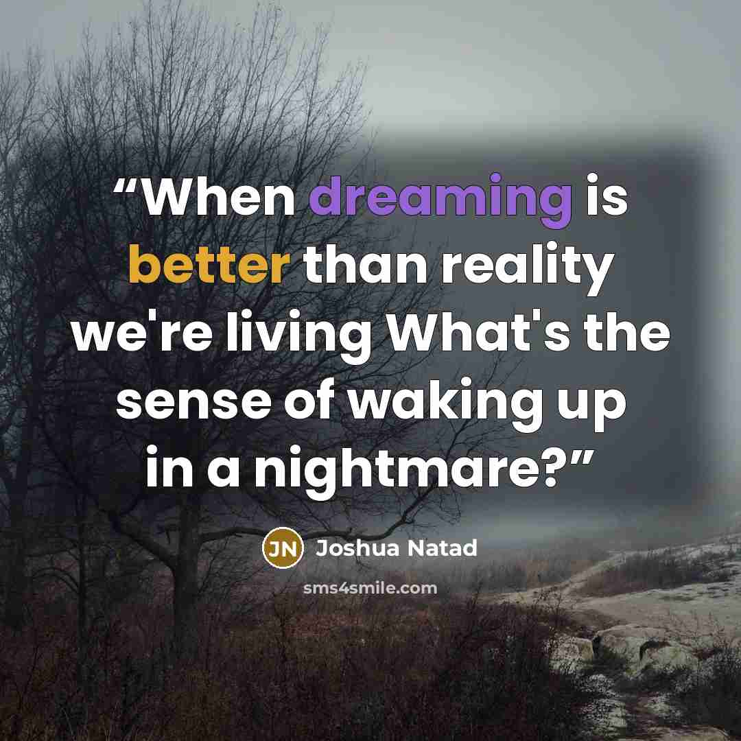 “When dreaming is better than reality we're living What's the sense of waking up in a nightmare?” quote by Joshua Natad