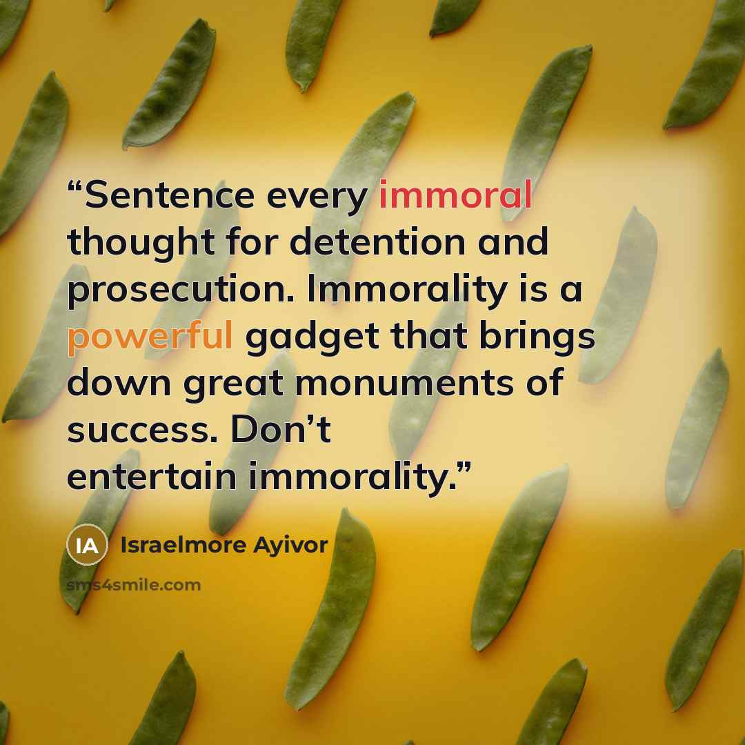 “Sentence every immoral thought for detention and prosecution. Immorality is a powerful gadget that brings down great monuments of success. Don’t entertain immorality.” quote by Israelmore Ayivor