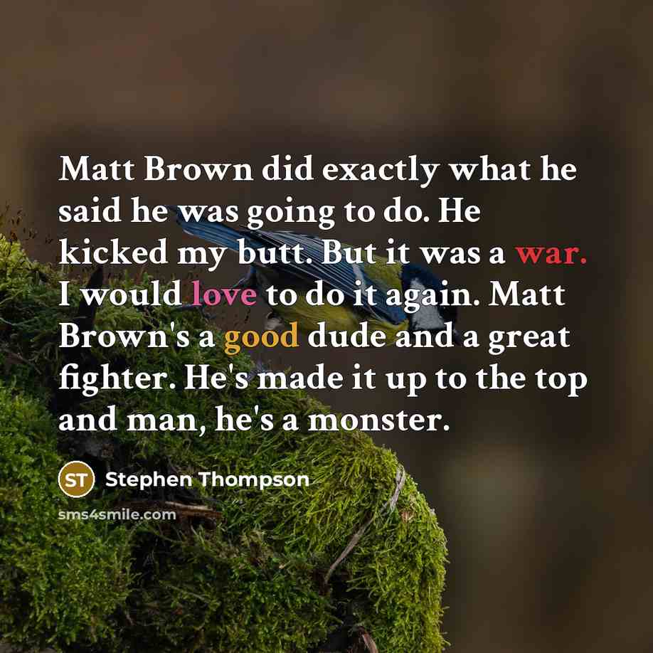 “Matt Brown did exactly what he said he was going to do. He kicked my butt. But it was a war. I would love to do it again. Matt Brown's a good dude and a great fighter. He's made it up to the top and man, he's a monster.” quote by Stephen Thompson