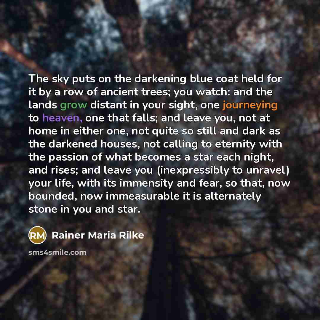 “The sky puts on the darkening blue coat held for it by a row of ancient trees; you watch: and the lands grow distant in your sight, one journeying to heaven, one that falls; and leave you, not at home in either one, not quite so still and dark as the darkened houses, not calling to eternity with…” quote by Rainer Maria Rilke