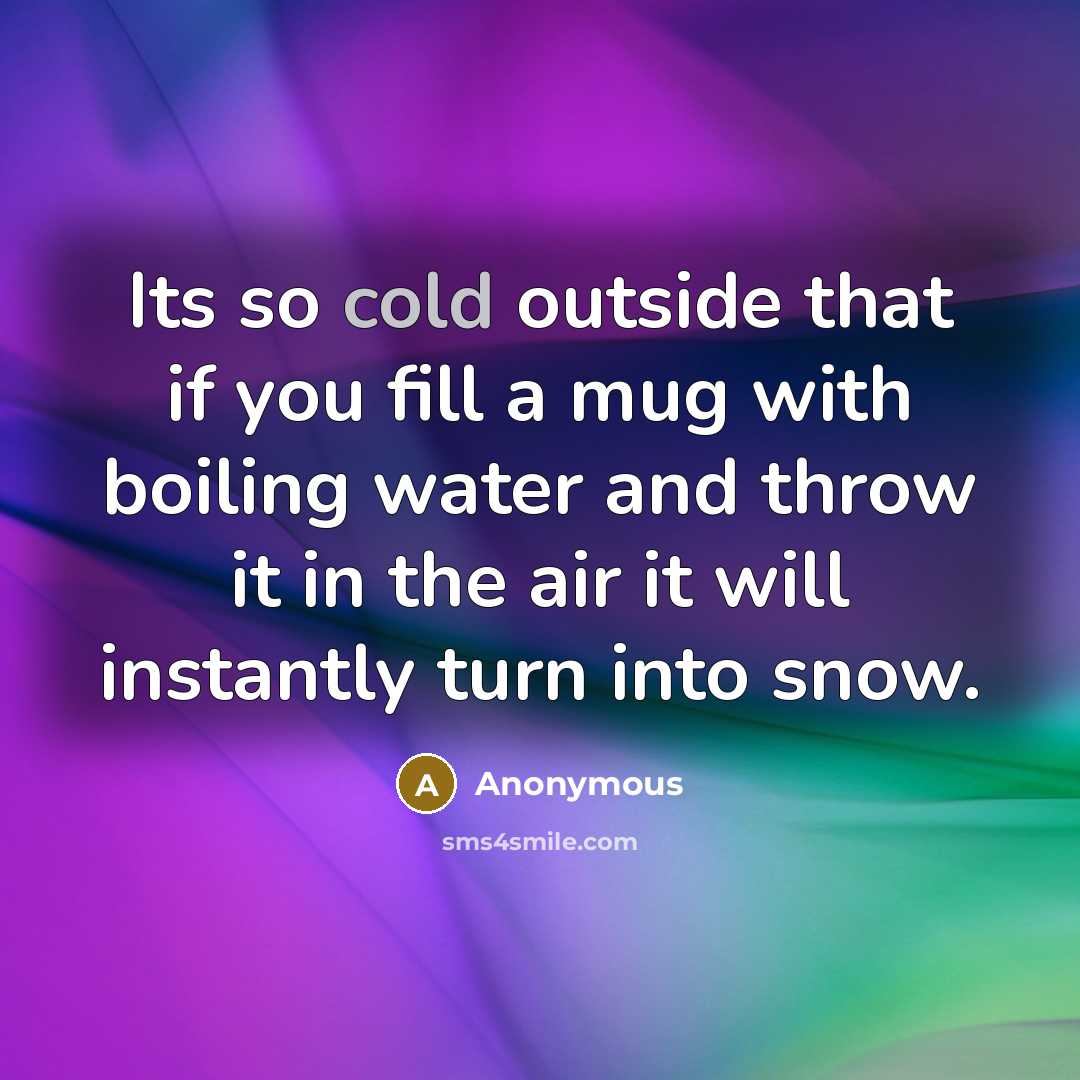 “Its so cold outside that if you fill a mug with boiling water and throw it in the air it will instantly turn into snow.” quote by Anonymous