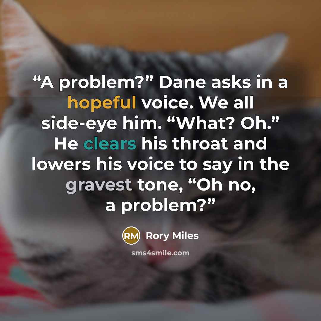 “A problem?” Dane asks in a hopeful voice. We all side-eye him. “What? Oh.” He clears his throat and lowers his voice to say in the gravest tone, “Oh no, a problem?” quote by Rory Miles