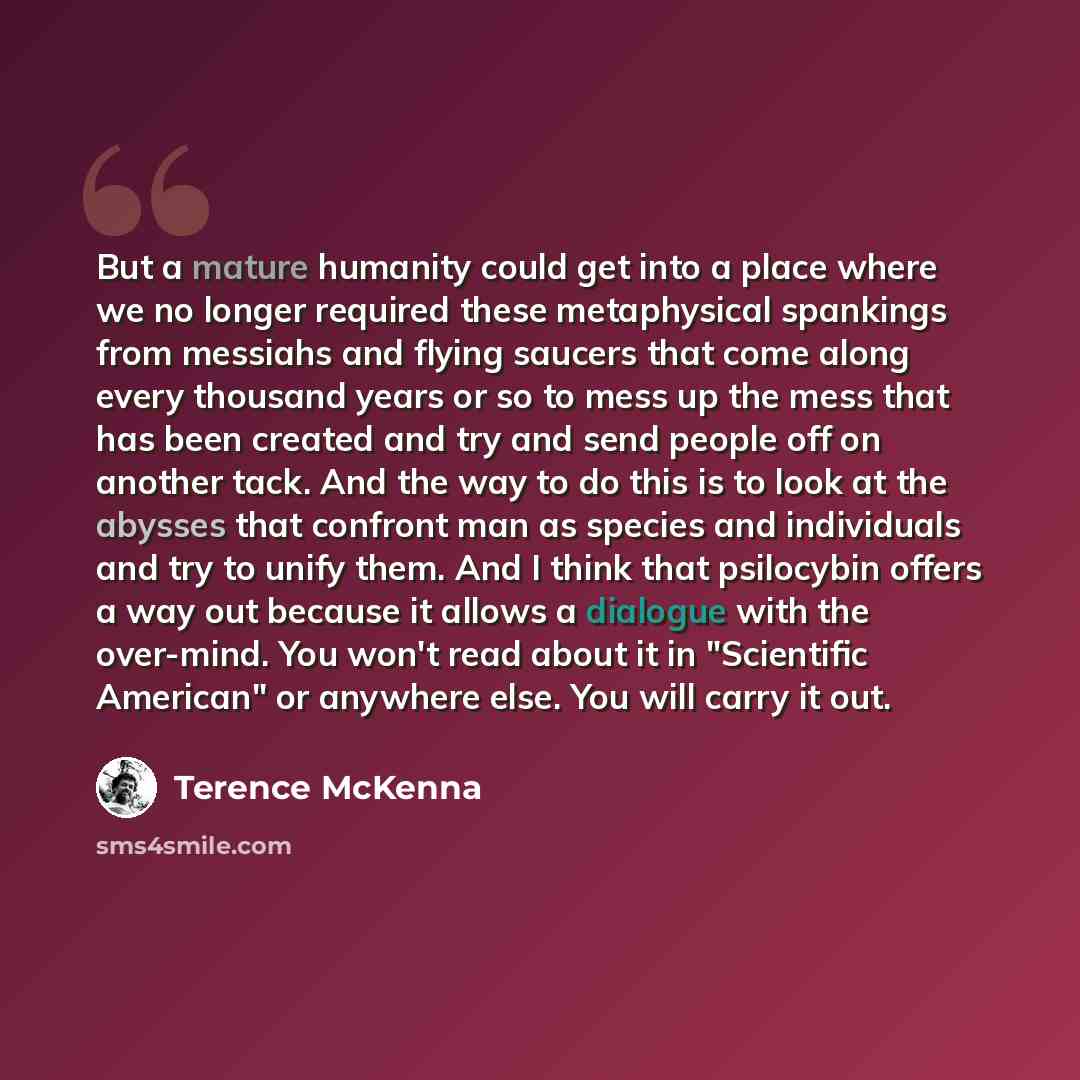 “But a mature humanity could get into a place where we no longer required these metaphysical spankings from messiahs and flying saucers that come along every thousand years or so to mess up the mess that has been created and try and send people off on another tack. And the way to do this is to look…” quote by Terence McKenna