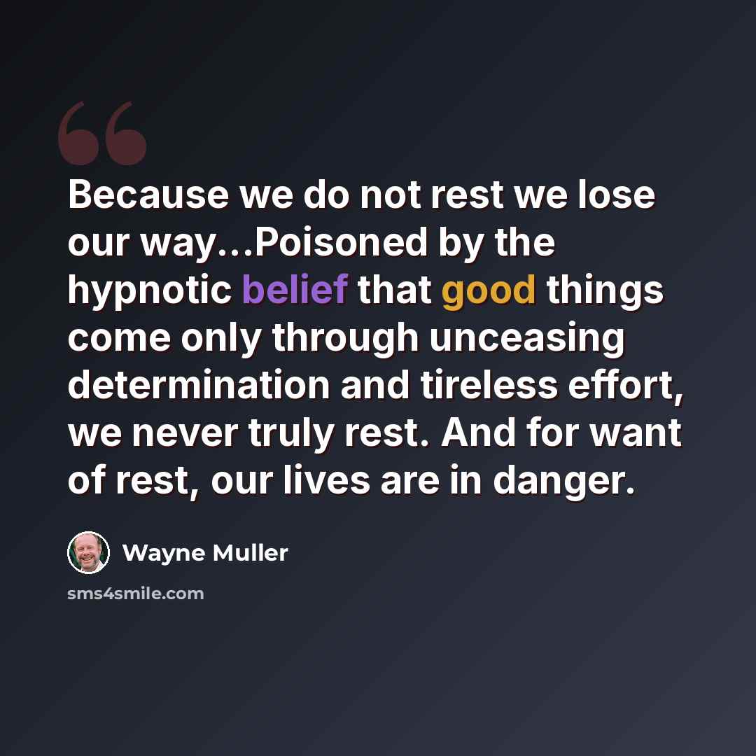 “Because we do not rest we lose our way...Poisoned by the hypnotic belief that good things come only through unceasing determination and tireless effort, we never truly rest. And for want of rest, our lives are in danger.” quote by Wayne Muller