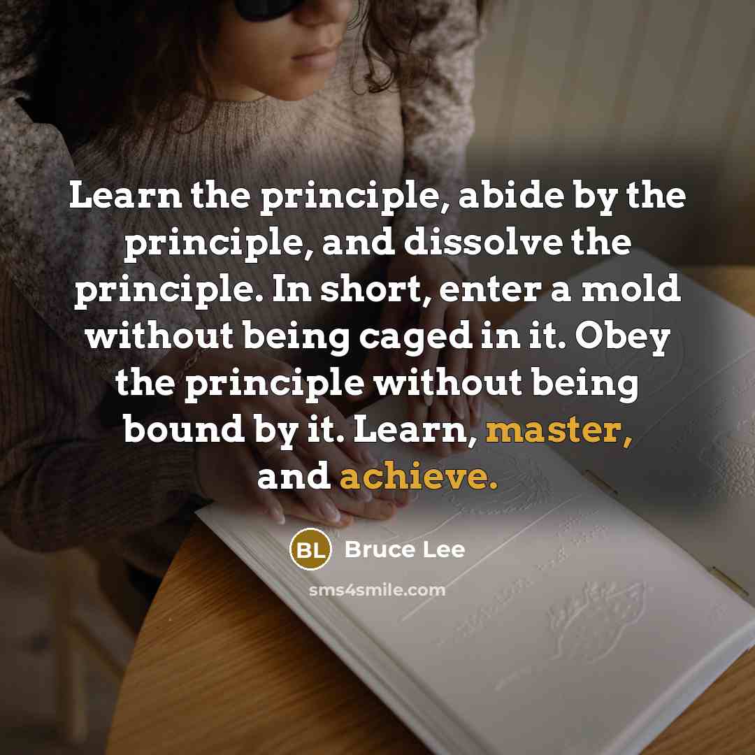 “Learn the principle, abide by the principle, and dissolve the principle. In short, enter a mold without being caged in it. Obey the principle without being bound by it. Learn, master, and achieve.” quote by Bruce Lee