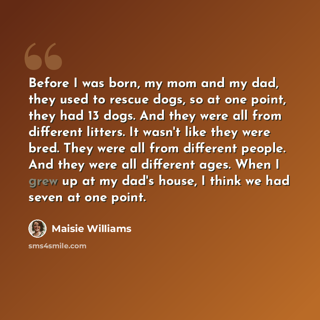 “Before I was born, my mom and my dad, they used to rescue dogs, so at one point, they had 13 dogs. And they were all from different litters. It wasn't like they were bred. They were all from different people. And they were all different ages. When I grew up at my dad's house, I think we had seven…” quote by Maisie Williams