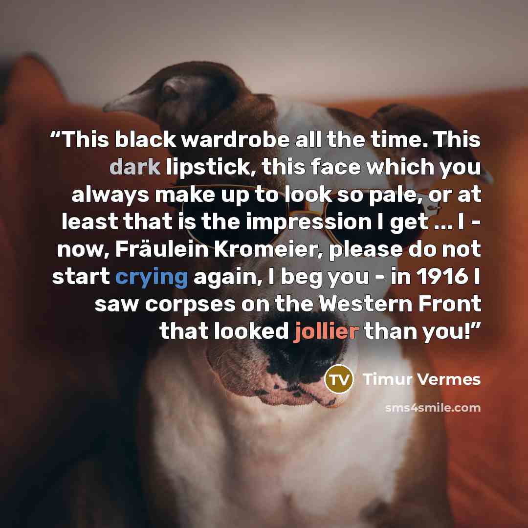 “This black wardrobe all the time. This dark lipstick, this face which you always make up to look so pale, or at least that is the impression I get ... I - now, Fräulein Kromeier, please do not start crying again, I beg you - in 1916 I saw corpses on the Western Front that looked jollier than you!” quote by Timur Vermes
