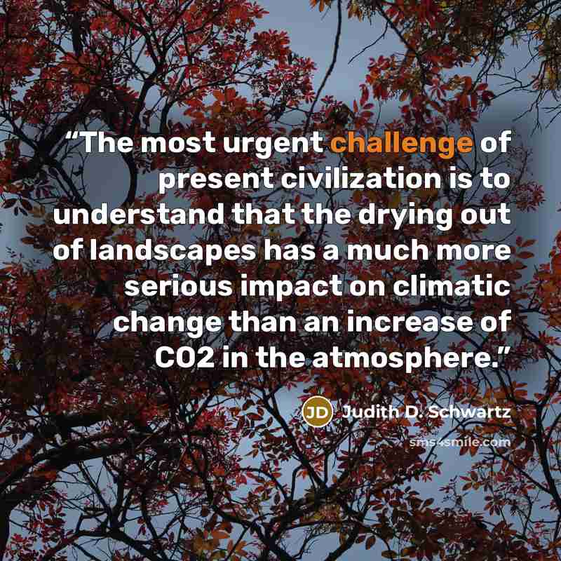 “The most urgent challenge of present civilization is to understand that the drying out of landscapes has a much more serious impact on climatic change than an increase of CO2 in the atmosphere.” quote by Judith D. Schwartz