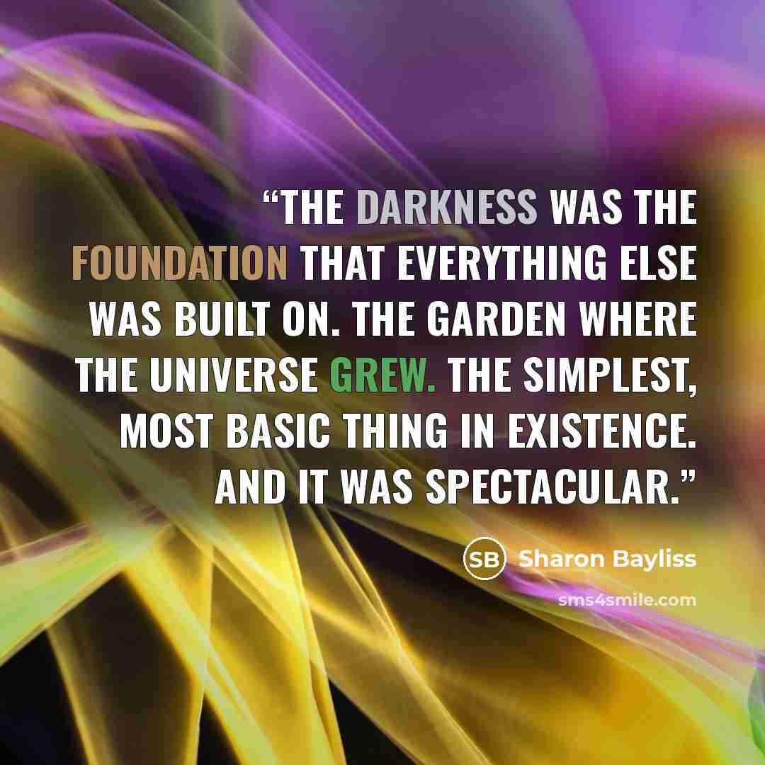 “The darkness was the foundation that everything else was built on. The garden where the universe grew. The simplest, most basic thing in existence. And it was spectacular.” quote by Sharon Bayliss