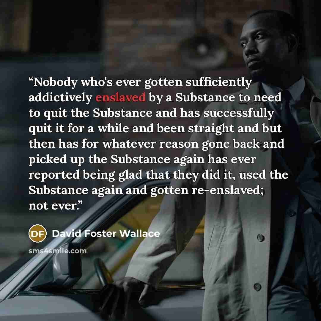 “Nobody who's ever gotten sufficiently addictively enslaved by a Substance to need to quit the Substance and has successfully quit it for a while and been straight and but then has for whatever reason gone back and picked up the Substance again has ever reported being glad that they did it, used…” quote by David Foster Wallace