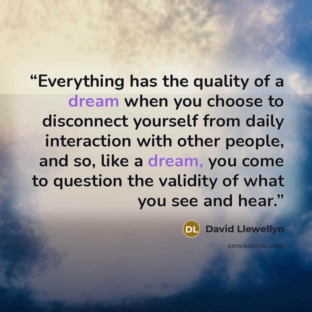 “Everything has the quality of a dream when you choose to disconnect yourself from daily interaction with other people, and so, like a dream, you come to question the validity of what you see and hear.” quote by David Llewellyn