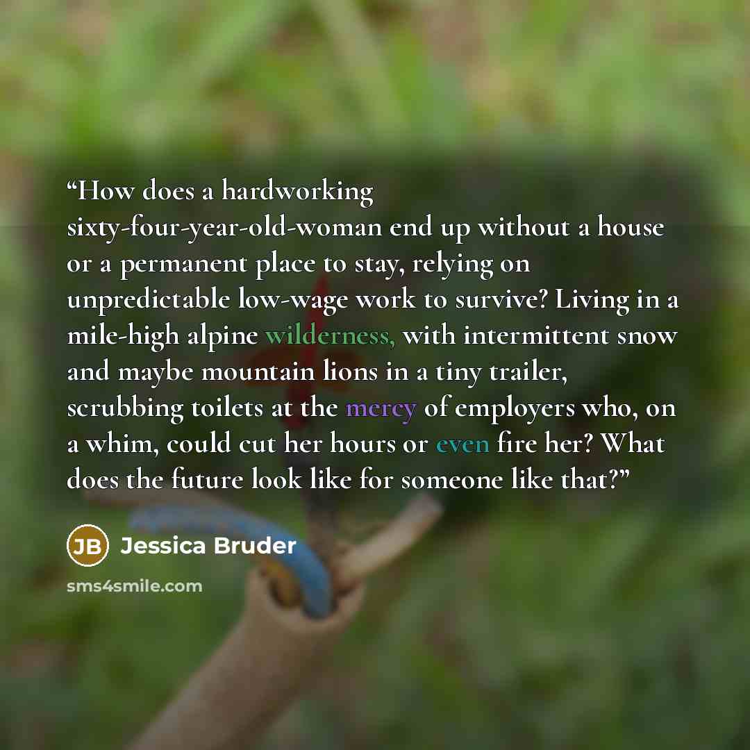 “How does a hardworking sixty-four-year-old-woman end up without a house or a permanent place to stay, relying on unpredictable low-wage work to survive? Living in a mile-high alpine wilderness, with intermittent snow and maybe mountain lions in a tiny trailer, scrubbing toilets at the mercy of…” quote by Jessica Bruder